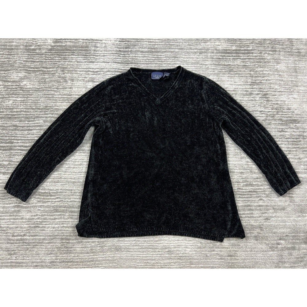 Crazy Horse Sweater Womens XL Black Chenille V-Neck Long Sleeve Ribbed Pullover